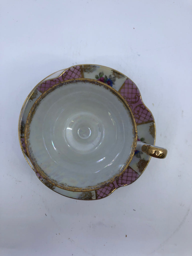VTG PINK W GOLD ACCENTS AND FLOWERS TEACUP AND SAUCER