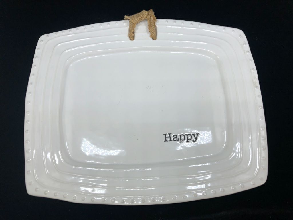 WHITE CERAMIC HAPPY SERVING PLATTER.