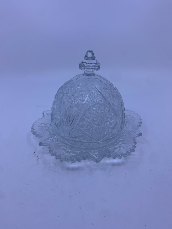 CUT GLASS BUTTER DISH W/ DOME EMBOSSED FLOWERS.