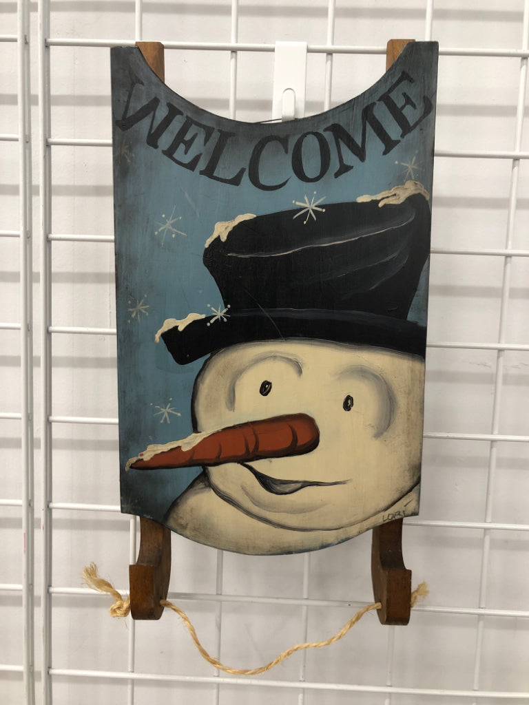 "WELCOME" SNOWMAN PAINTED SLED.