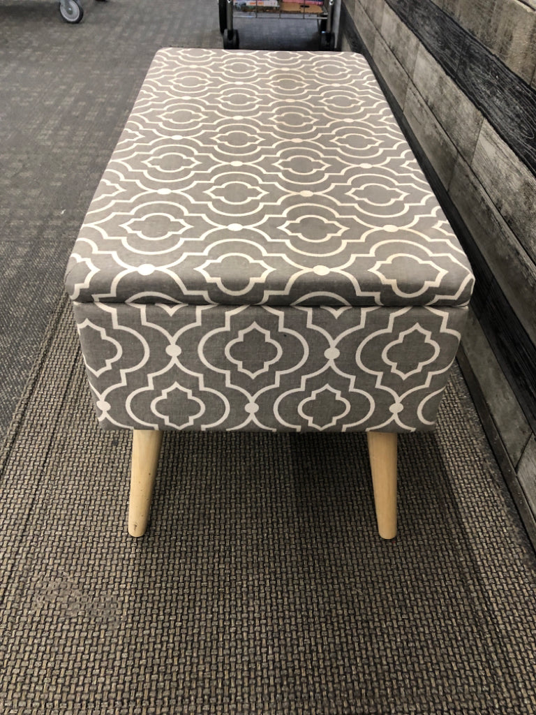 GREY AND WHITE PATTERN BENCH W STORAGE.