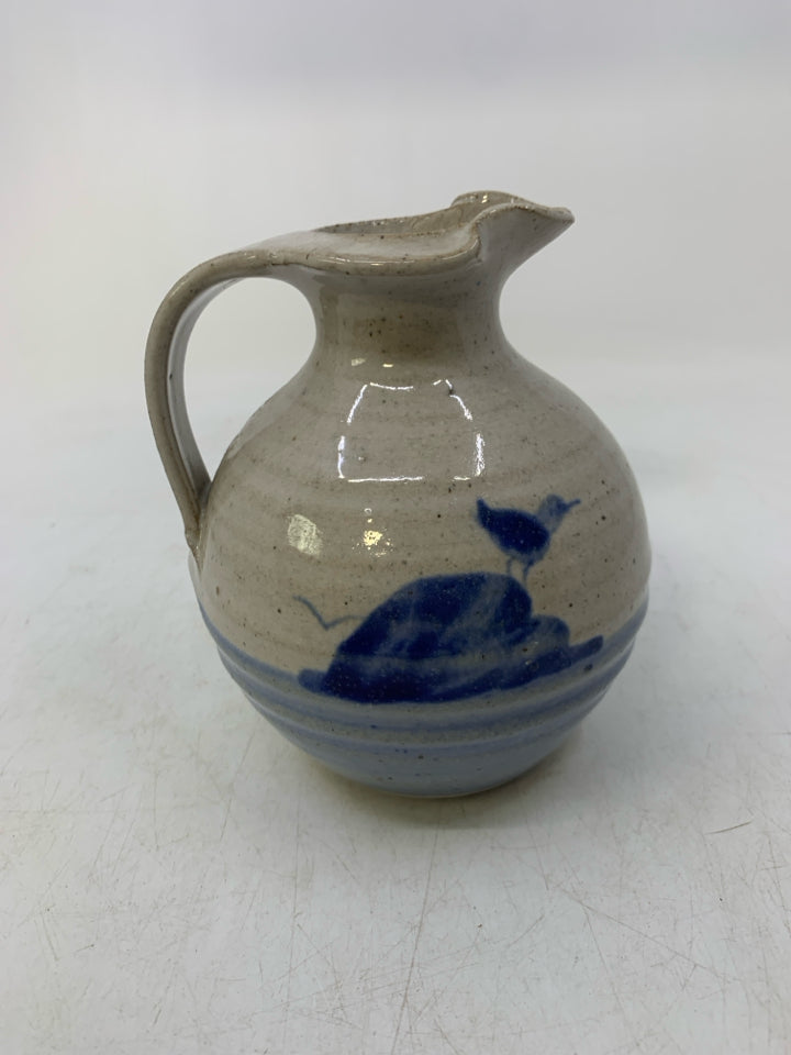 LIGHT GREY W/ BLUE BOTTOM PITCHER W/ SEAGULL ON ROCK.