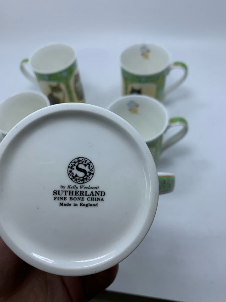 5 BONE CHINA ASSORTED CAT MUGS.