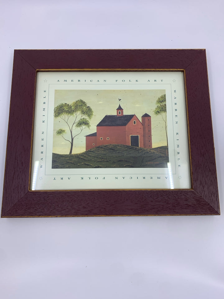 RED BARN WARREN KIMBLE WALL ART IN RED FRAME.