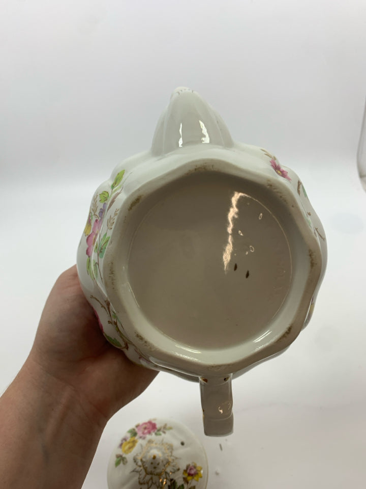 VTG TEAPOT W/ YELLOW/PINK FLOWERS GOLD DETAILS.