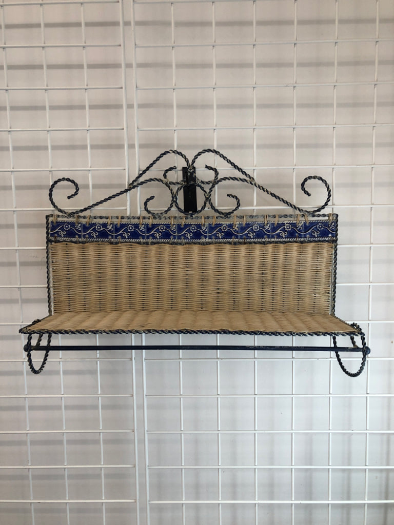 WICKER WALL-SHELF W/BLUE TILES.