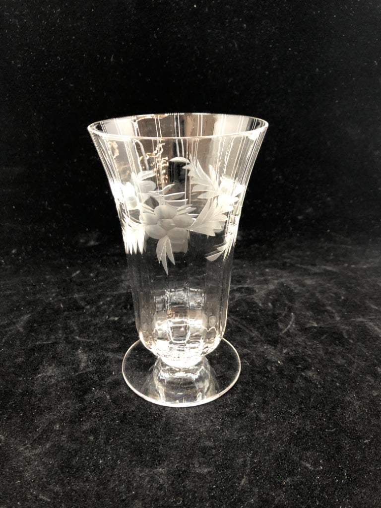6 VTG FOOTED ETCHED FLORAL TUMBLERS.