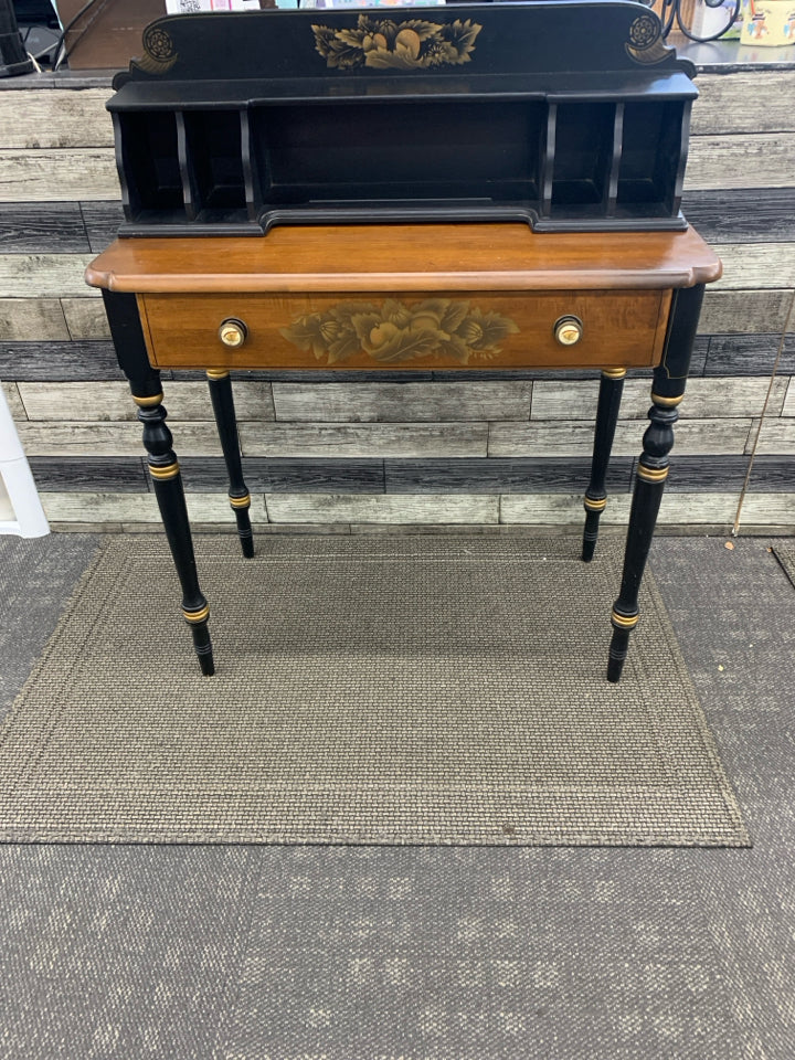 DESK WITH HUTCH 3 PC W/ DRAWER+DECORATIVE KNOBS WOOD TOP+BLACK LEGS.