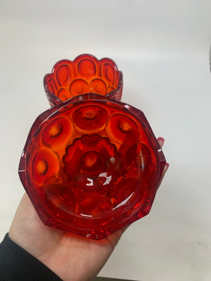 VTG MOON & STARS AMBERINA FOOTED COVERED CANDY DISH.