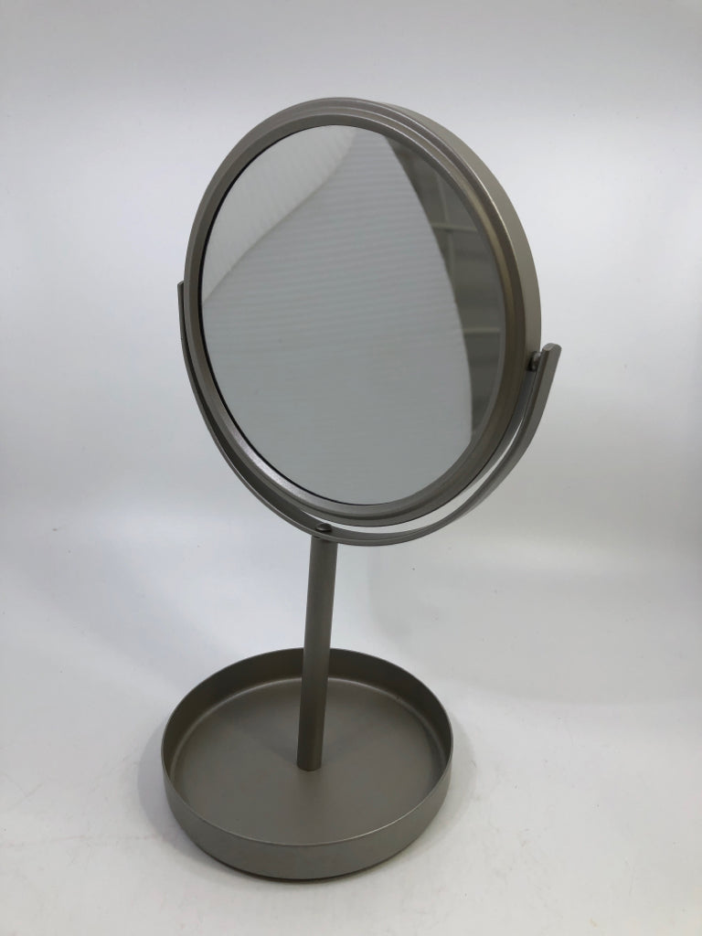 SILVER METAL MIRROR W/ DISH ON BOTTOM.