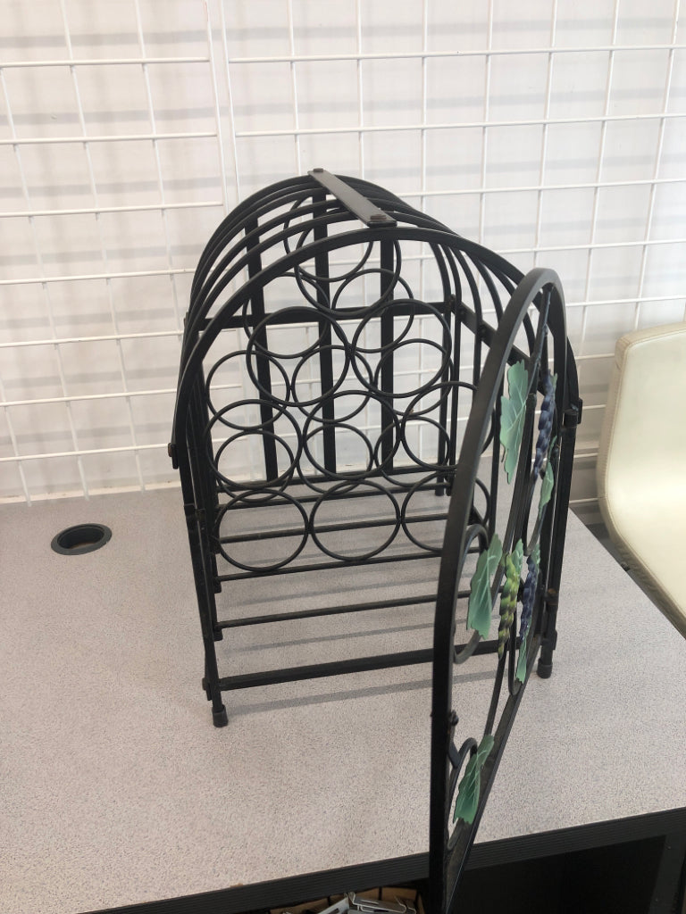 9 BOTTLE BLACK METAL WINE RACK W GRAPES.