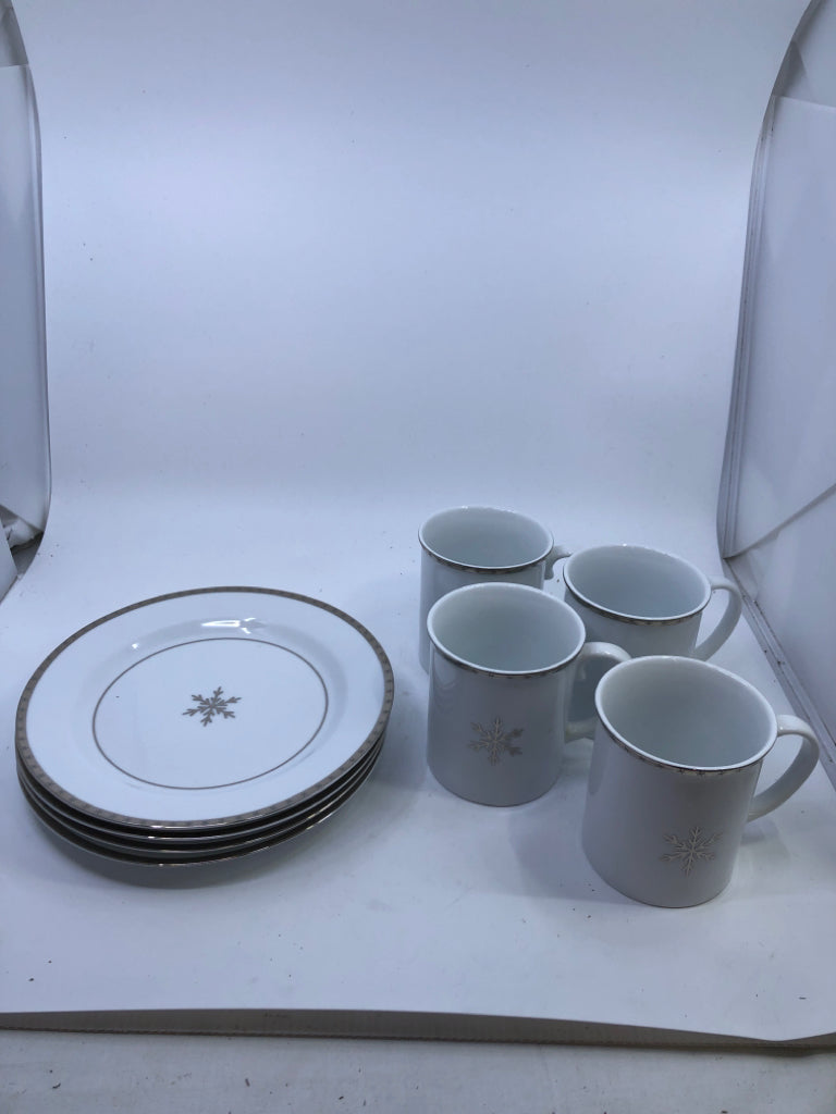 8PC MUG + PLATE SILVER SNOWFLAKE SET.