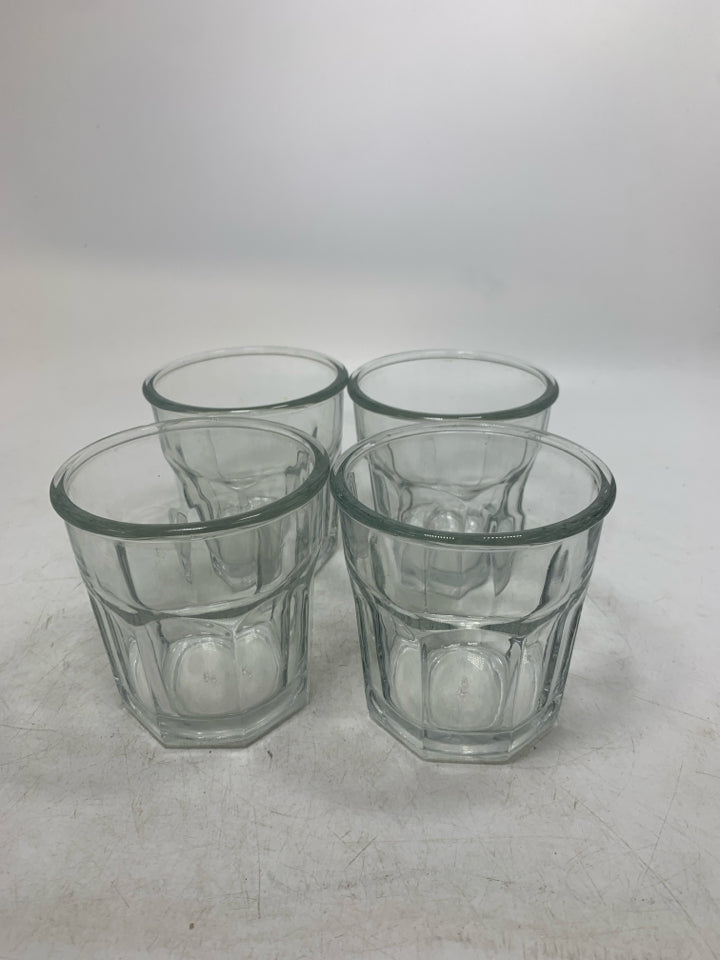 4 SHORT GLASS JUICE GLASSES.