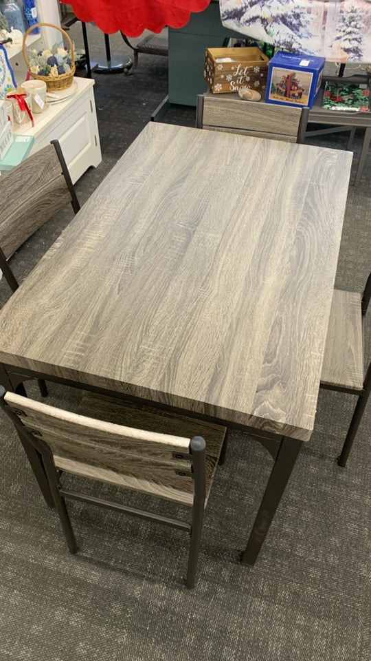 GREY AND METAL DINING TABLE W/4 CHAIRS.
