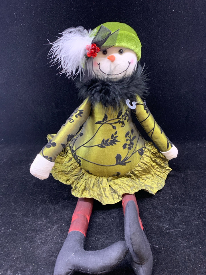 PLUSH LADY SNOWMAN SHELF SITTER GREEN DRESS.