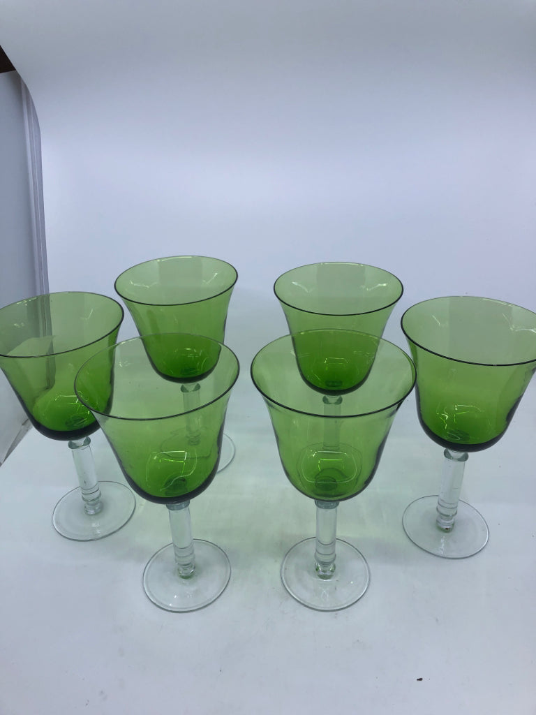 6 LARGE GREEN GLASS WINE GLASSES W/ CLEAR STEMS.