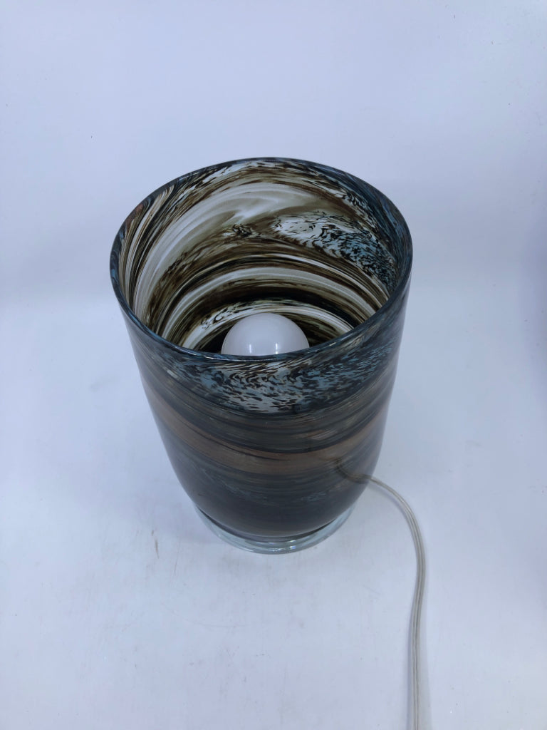 BROWN AND BLUE BLOWN GLASS LAMP.