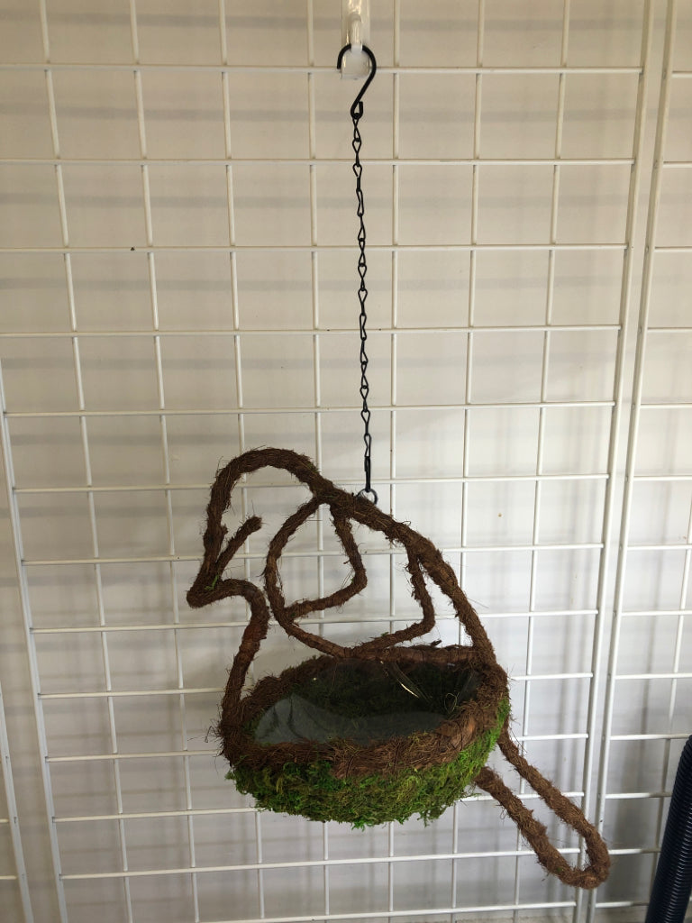 MOSS BIRD SHAPED HANGING PLANTER W/ PLASTIC INSERT.