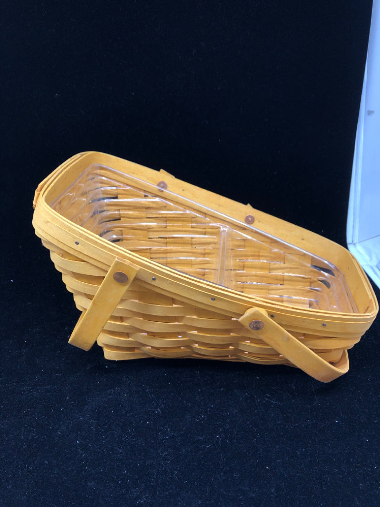 2002 SLANTED BASKET W DIVIDED PLASTIC LINER AND DOUBLE HANDLES.