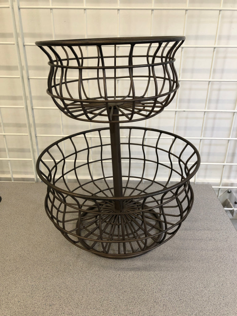 2-TIER CURVED GRAY METAL FRUIT BASKET.