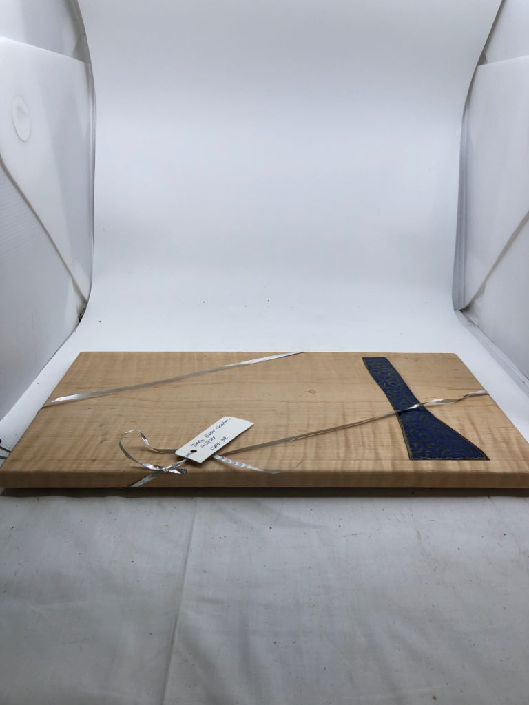 WOOD CHEESE BOARD W DARK BLUE POTTERY SERVER.