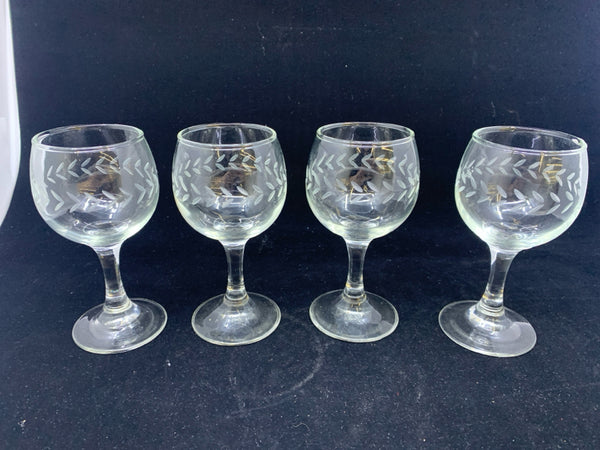 4 SMALL ETCHED WINE GLASSES.