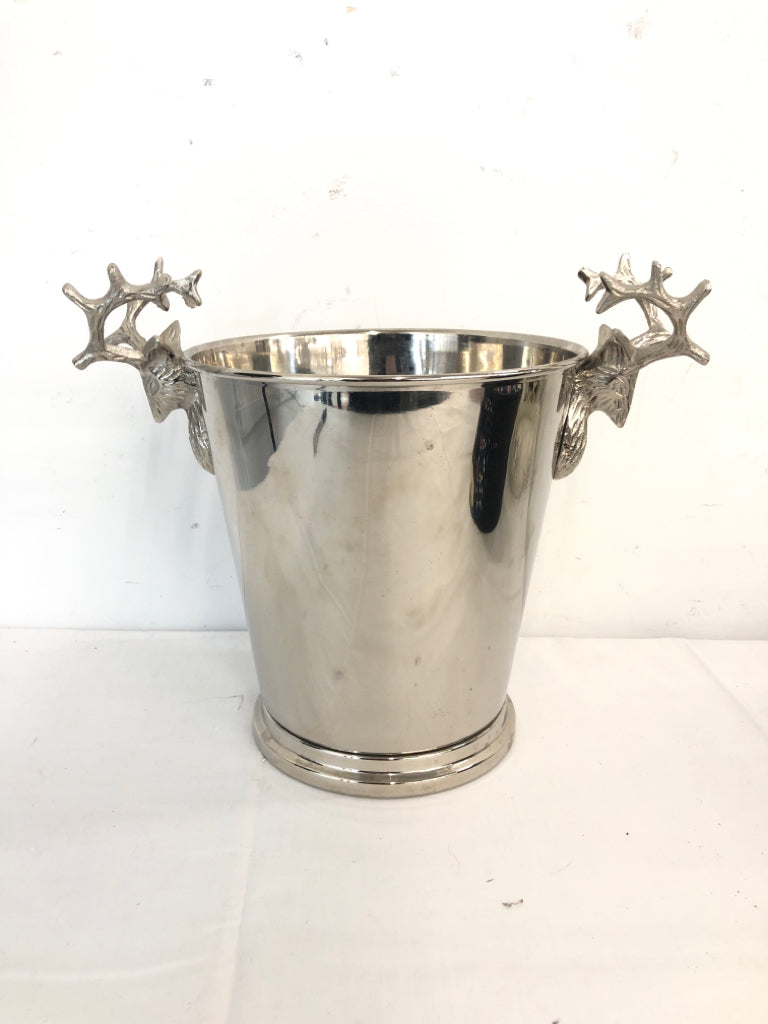 PIER 1 STAINLESS STEAL ICE BUCKET W/ STAG DEER HANDLES.