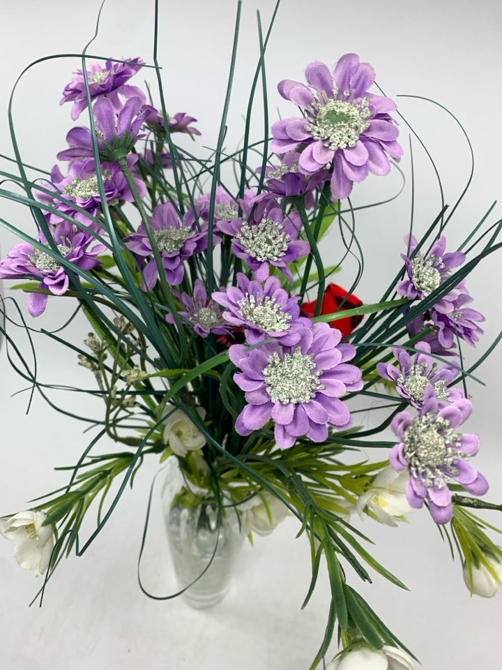 FAUX PURPLE FLOWER W/CARDINAL IN CUT GLASS VASE.
