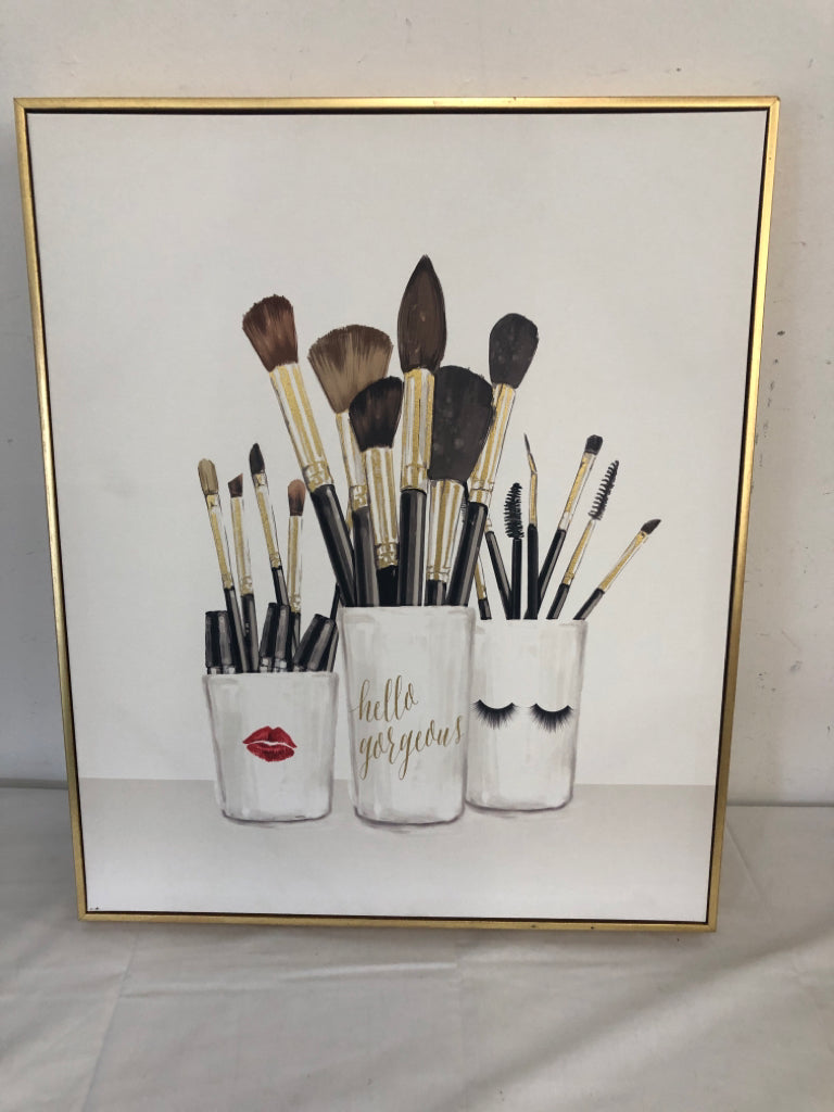 HELLO GORGEOUS MAKE UP BRUSHES CANVAS IN GOLD FRAME.