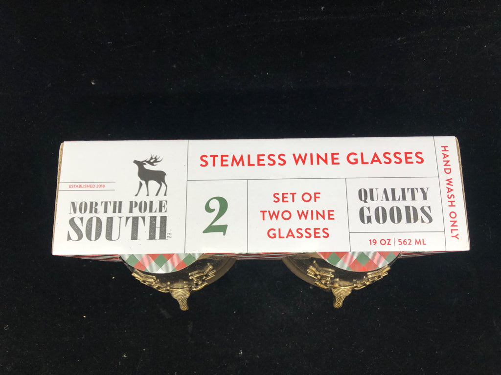 NIB NORTH POLE SOUTH STEMLESS WINE GLASSES.