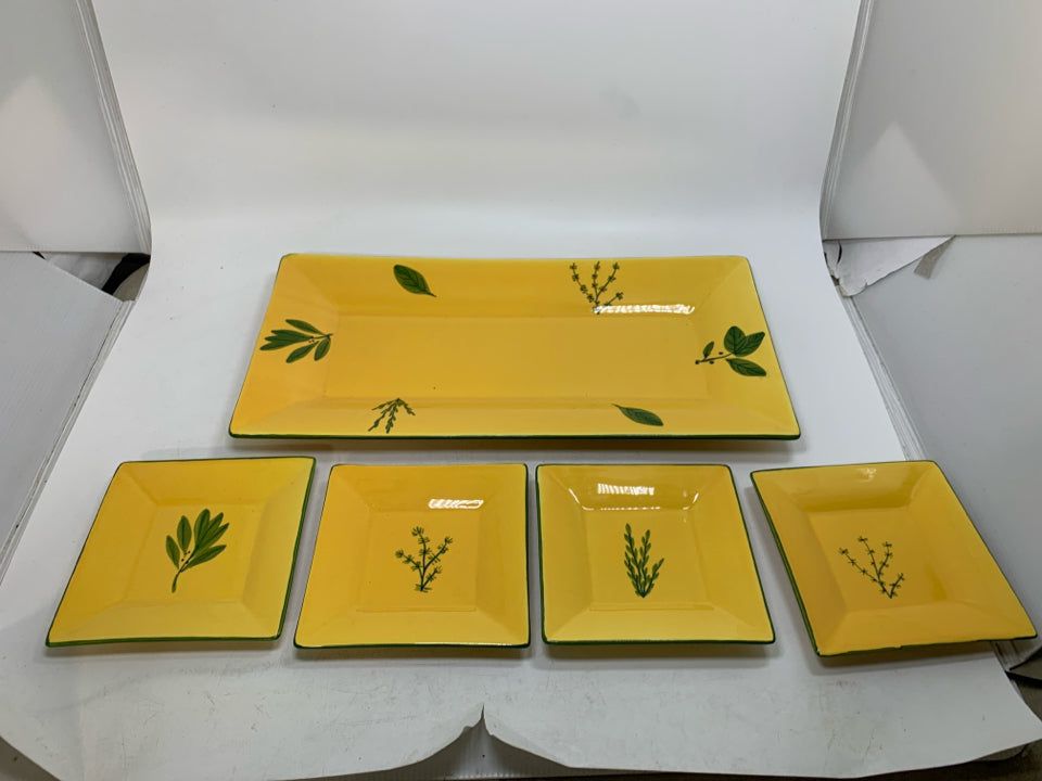 VTG 5 PC SUBTIL APPETIZER PLATES/TRAY SET W/ GREEN LEAVE DETAILS.