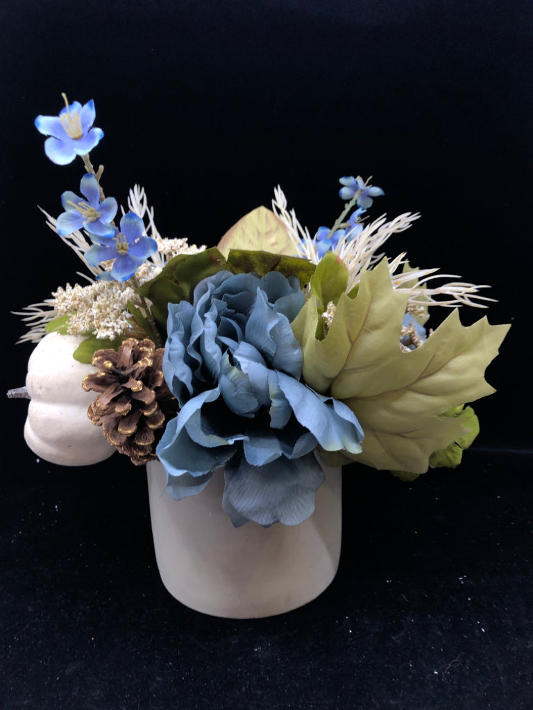 FAUX BLUE FLORAL W WHITE PUMPKINS.