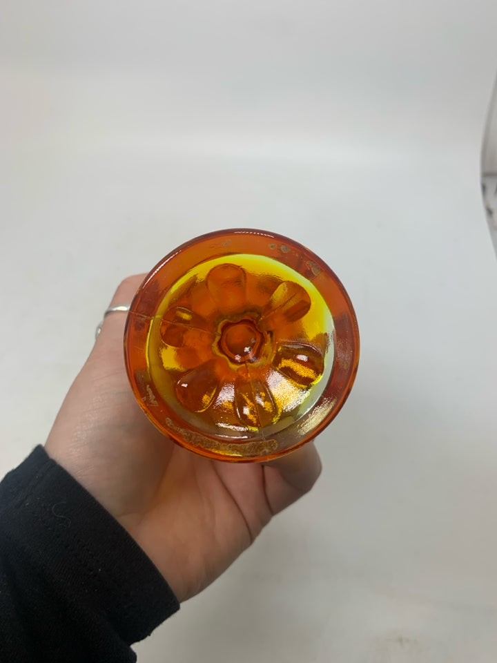 VTG VIKING ART GLASS AMBERINA FOOTED VASE.