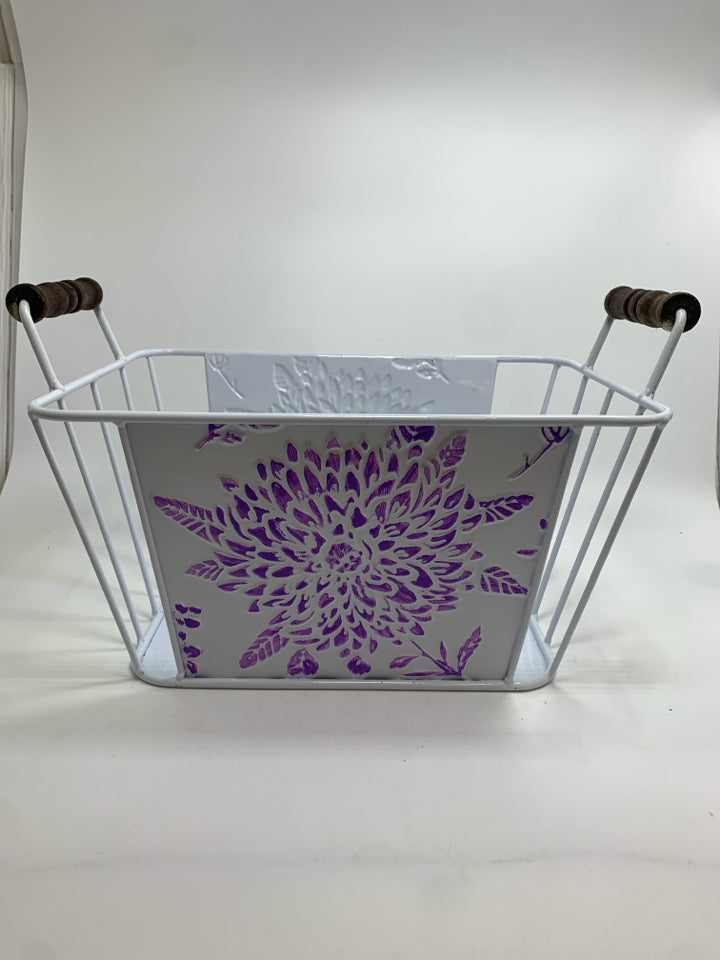 WHITE TIN BIN W/PURPLE FLOWER.