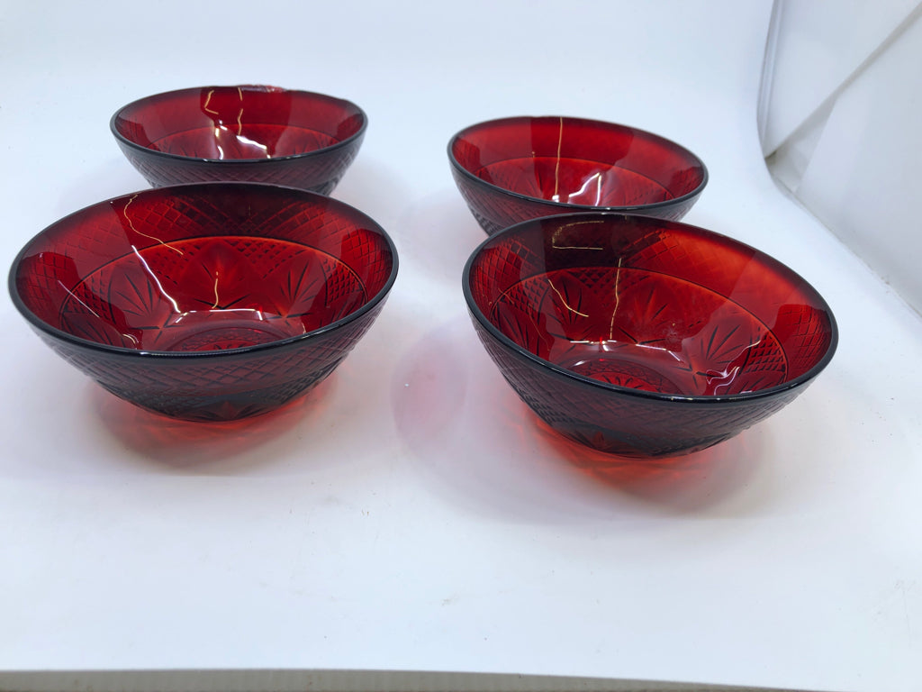 4 CRANBERRY GLASS CUT GLASS BOWLS.