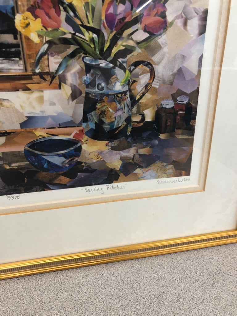 SPRING PITCHER WATERCOLOR ART IN GOLD FRAME.