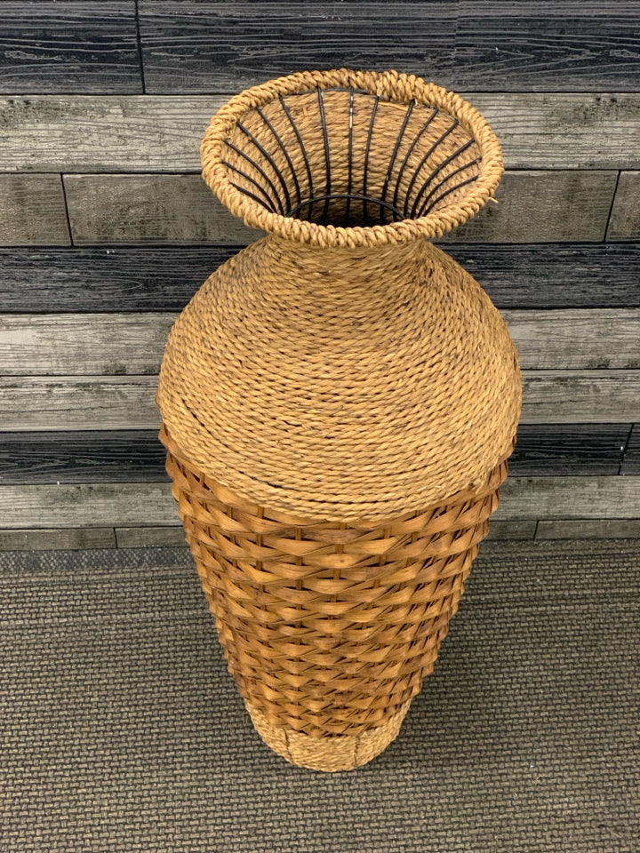 WICKER AND WOVEN FLOOR VASE.