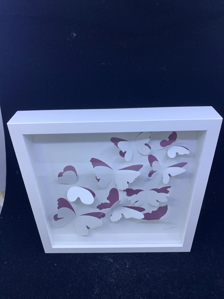 WHITE AND PURPLE BUTTERFLIES IN SHADOW BOX.