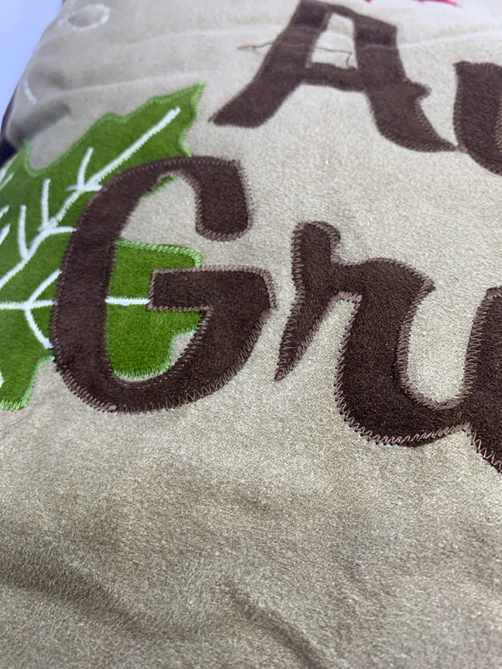AUTUMN GREETINGS PILLOW W/ LEAVES.