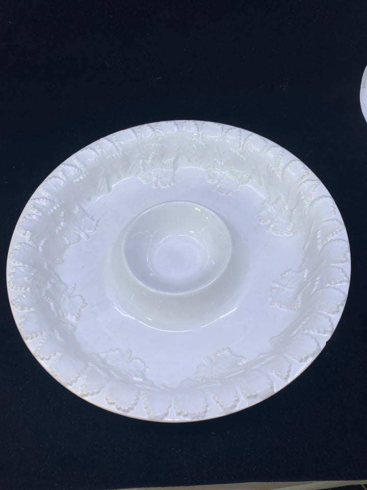 WHITE EMBOSSED LEAF CHIP AND DIP SERVER.