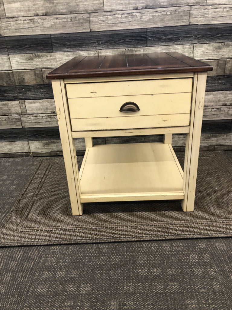 CREAM AND DARK WOOD TOP DISTRESSED END TABLE W 1 DRAWER.