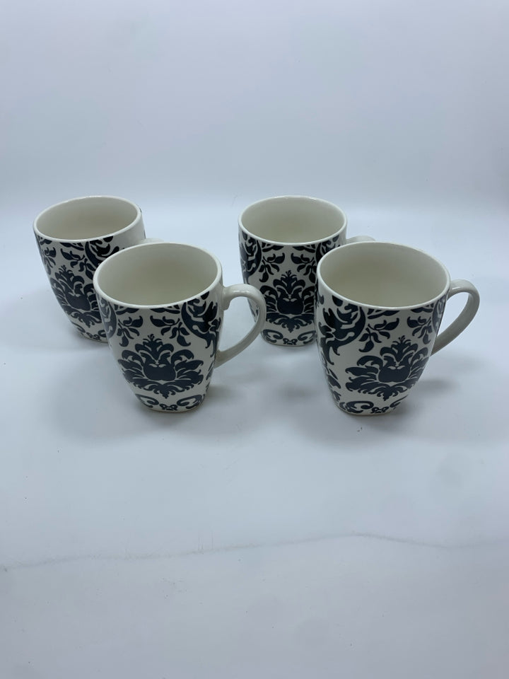 4PC ROSCHER BLACK FLORAL CERAMIC MUGS.