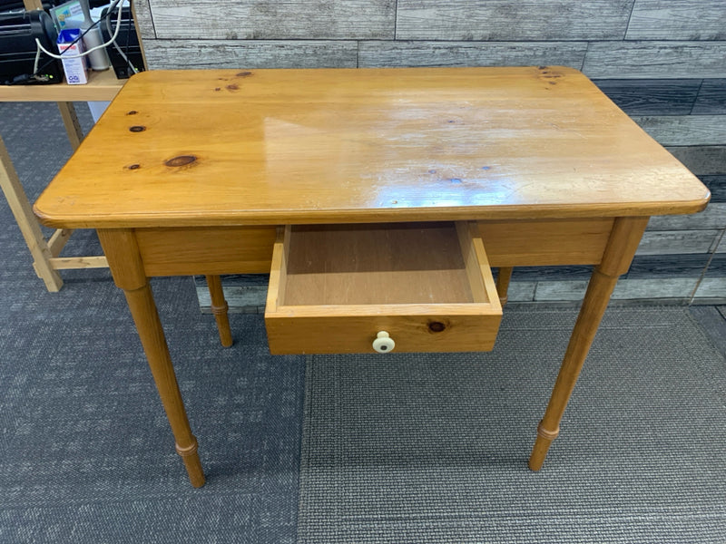 WOOD DESK W/ SINGLE DRAWER AND CHAIR.