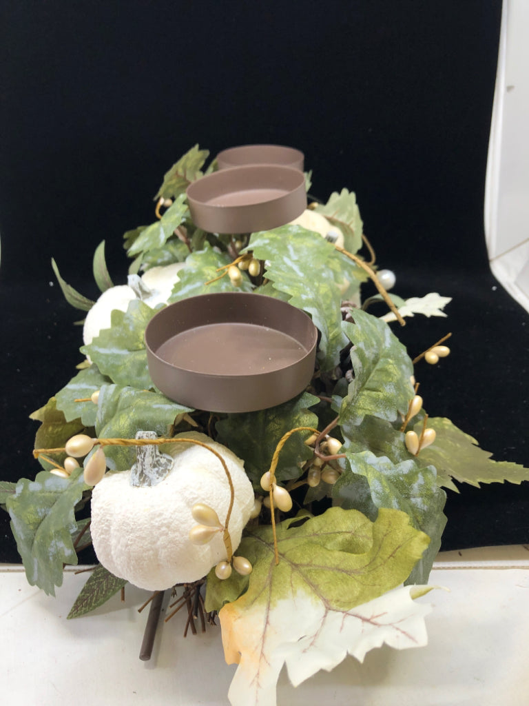 WHITE PUMPKIN GREEN LEAVES BROWN METAL PILLAR CANDLE HOLDER.