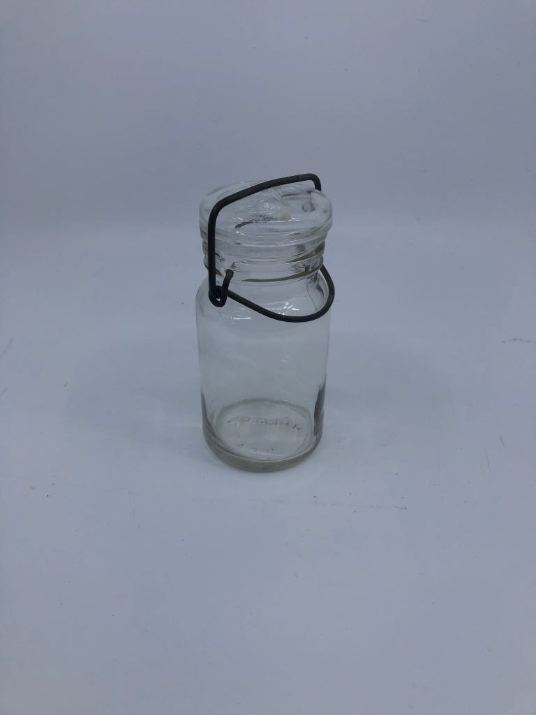 GLASS EMPTY JAR W METAL CLASP.