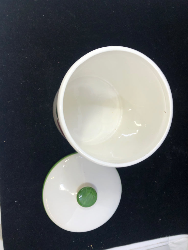 WHITE W/APPLES CERAMIC CANISTER W/LID.