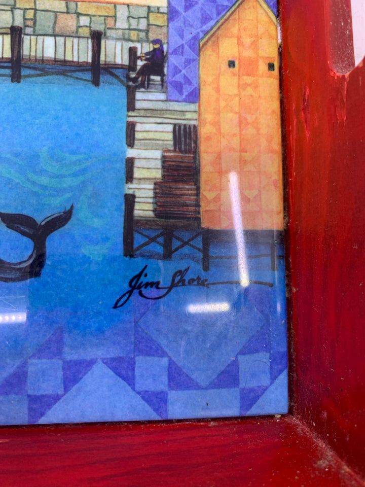 RED WOOD OUTSIDE W/ TILE BOARD WALK SCENE SAIL BOAT WHALE.