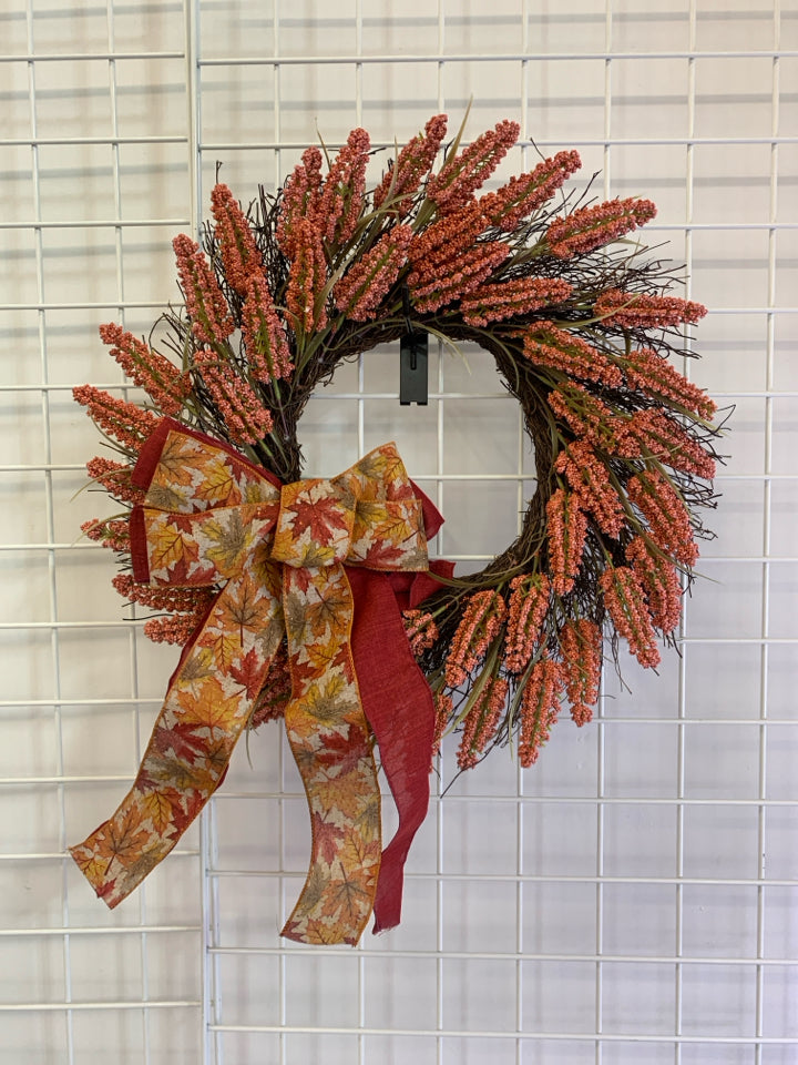 RED AUTUMN LEAVES, BERRIES, TWIGS WREATH.
