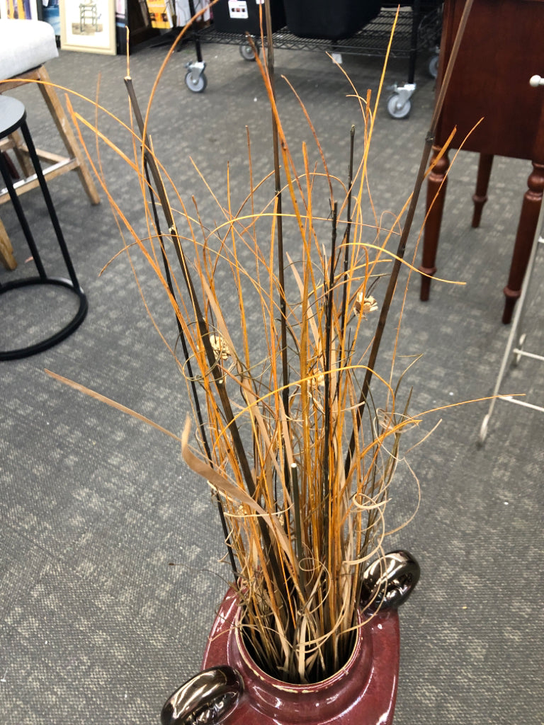 RED FLOOR VASE W/FAUX GRASS 42"