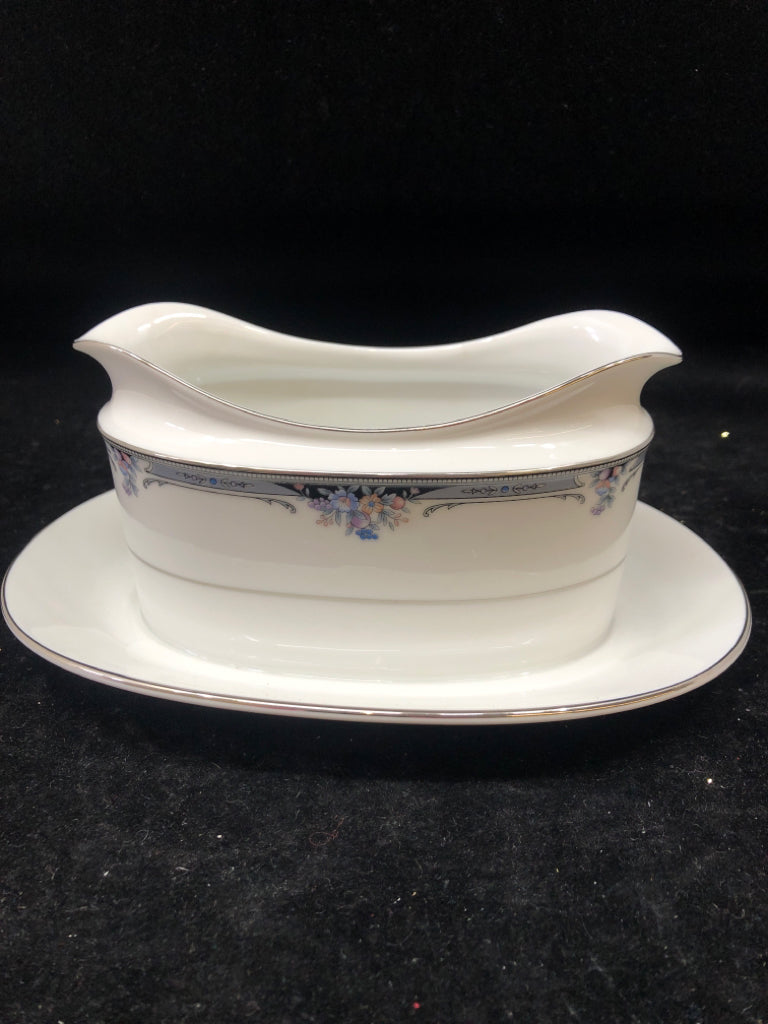 BLUE FLORAL SILVER GRAVY BOAT.